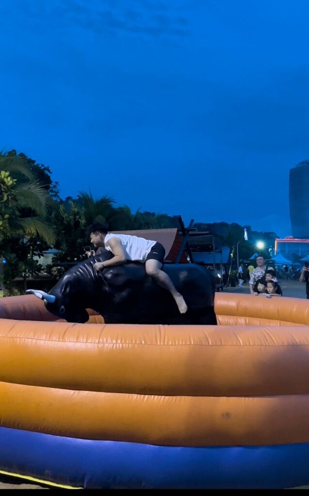 Rodeo Bull Ride Challenge - Participants mount the mechanical bull and hold on tight as it bucks and spins. Ideal for thrill-seekers, this interactive challenge adds excitement to events and parties.